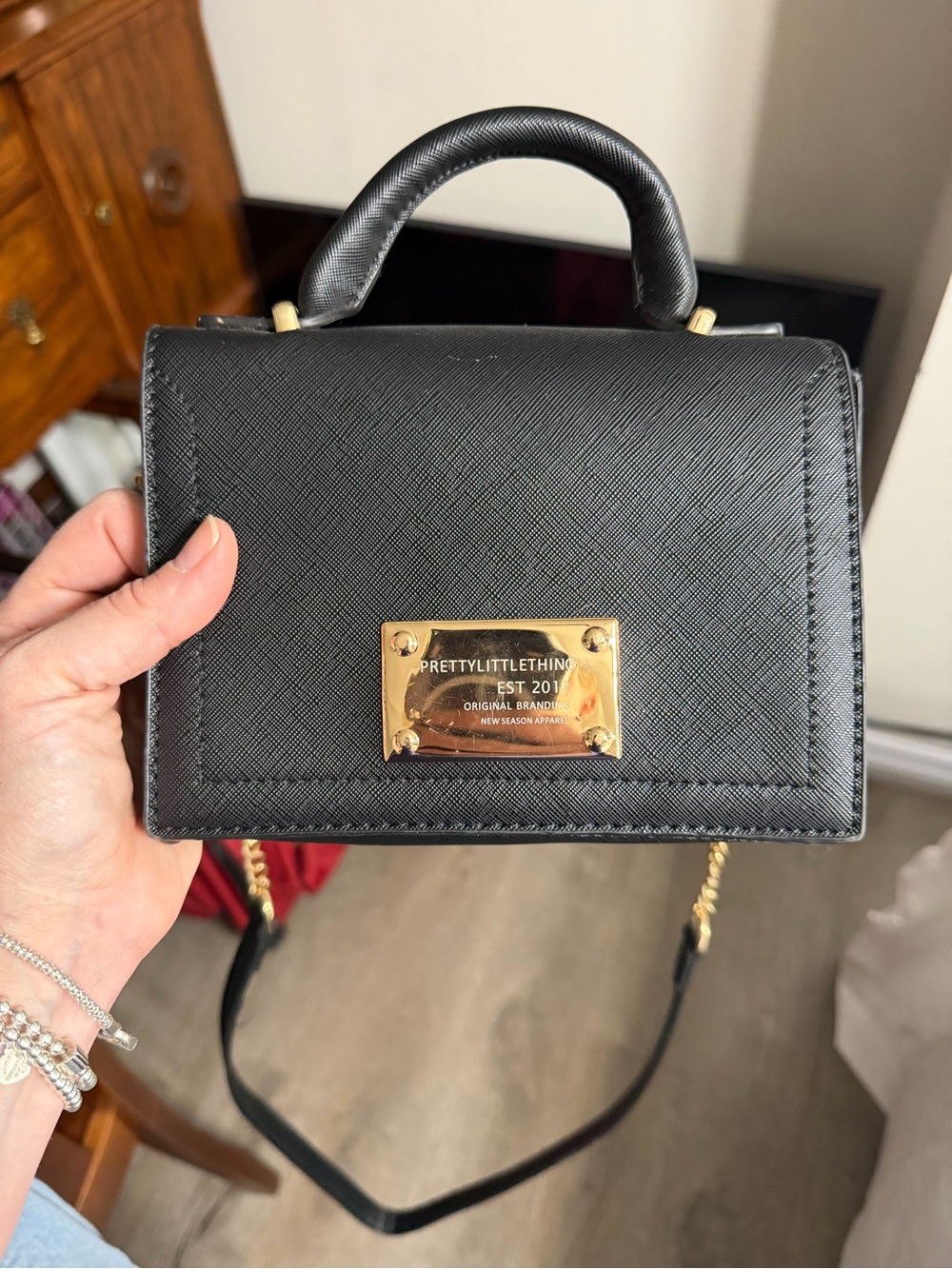 PrettyLittleThing Black Mini Top-Handle Crossbody with Gold Plaque